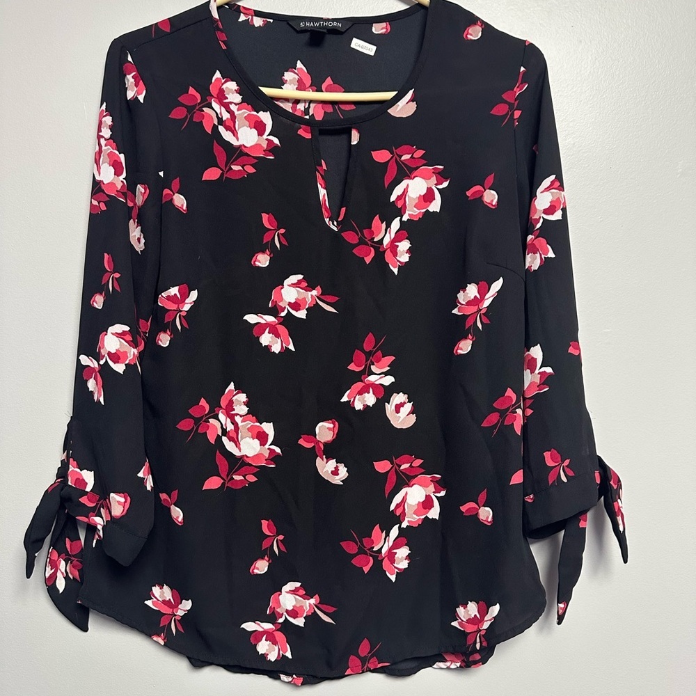 41 Hawthorn Black and Red Tie Front Blouse with 3/4 Sleeves